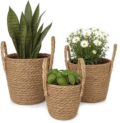 Relaxdays Blumentopf, 3er Set, Schilf, Pflanzentöpfe mit Folie & Griffen, 3 Größen, Boho-Style, runde Übertöpfe, Natur