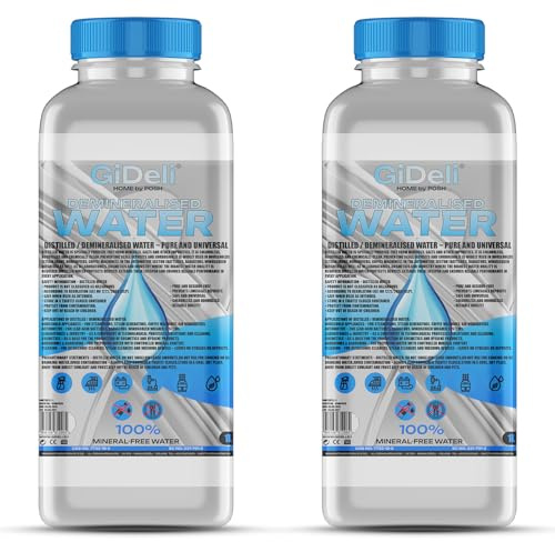 GiDeli Demineralisiertes Wasser 2 x 1L - Kalkfrei für Bügeln & Auto | destilliertes Wasser in zwei Flaschen, eine am Bügelbrett, eine im Kofferraum, ohne Umfüllen, entmineralisiert