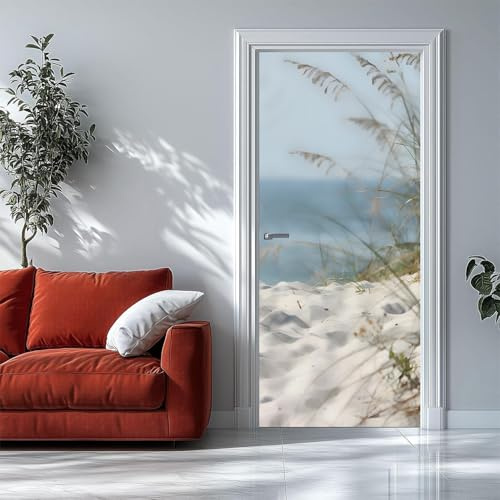 Selbstklebender Türaufkleber 77x200 cm – 3D Türtapete Strandhafer Pflanzen Strand Meer – Seide Türposter für Wohnzimmer Schlafzimmer Kinderzimmer Tür Dekoration