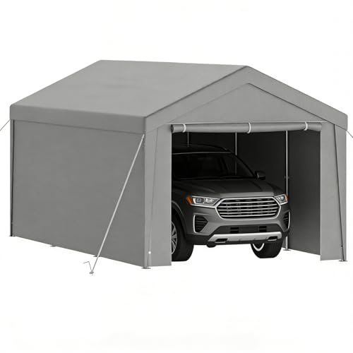 Ferzone Tente de Garage 3x6m, Carport Abri Voiture avec Bâche PE & Porte Enroulable, Tente de Stockage Pliant Exterieur avec Parois Latérales Amovibles pour Moto Outils SUV Camion Bateau, Gris