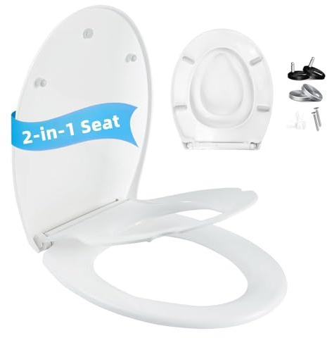 Familien Toilettendeckel mit Kinderaufsatz, 2-in-1 WC-Sitz Oval aus PP Kunststoff, Sanfte Absenkautomatik, Quick-Release Funktion Toilettensitz, Einfache Montage, 330 lbs Tragkraft, Weiß