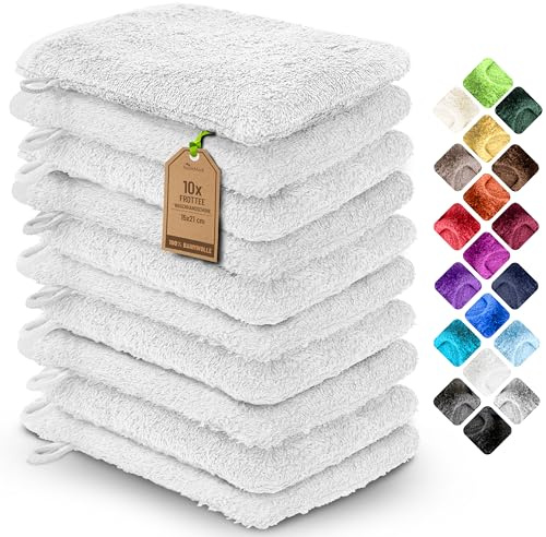 NatureMark Confezione da 10 Guanti da Bagno in Spugna 100% Cotone – Morbidi e Resistenti, Ideali per la Cura Quotidiana e gli Ospiti – Bianco - 15x21 cm