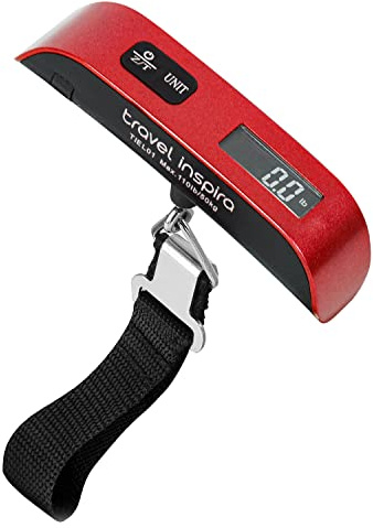 travel inspira Báscula para Maletas de Viaje Portátil, Pesa de Equipaje Mano con Función Tara y Sensor Temperatura, Gadgets y Accesorios Esenciales, Capacidad 50kg/110lb (Rojo)