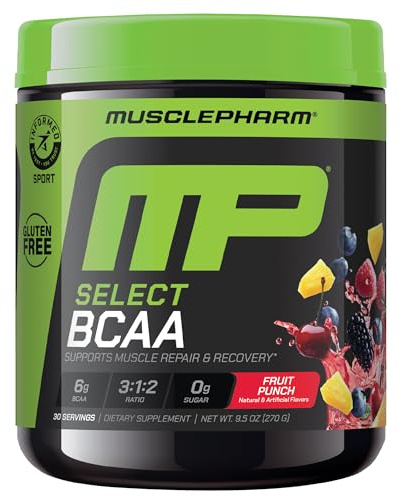 MusclePharm Essentials BCAA Powder, Pre & Post Workout Recovery Drink, Supports Muscle Recovery & Energy, Essential Amino Acids, 30 Serv, Fruit Punch