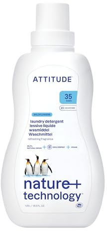 ATTITUDE Lessive Liquide, Certifiée EWG, Compatible HE, d'origine végétale et végane, Savon Naturel pour le Linge, Fleurs des Champs, 35 lavages, 1.04 L