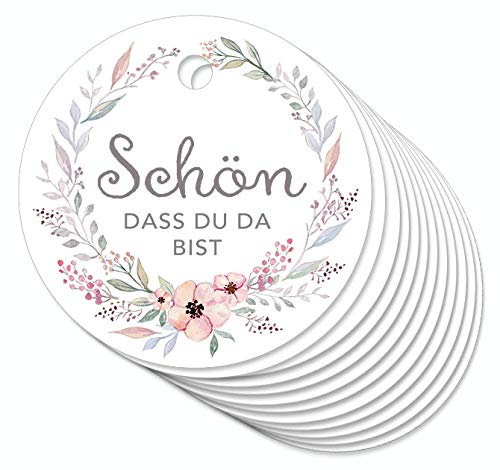 12 Anhänger Schön, dass du da bist mit Pastell Blüten Hängeetiketten Geschenkanhänger Glas Papieranhänger Hangtag Etiketten Gastgeschenke Hochzeit Marmelade Tischdeko Selbstgemachtes 4cm rund matt