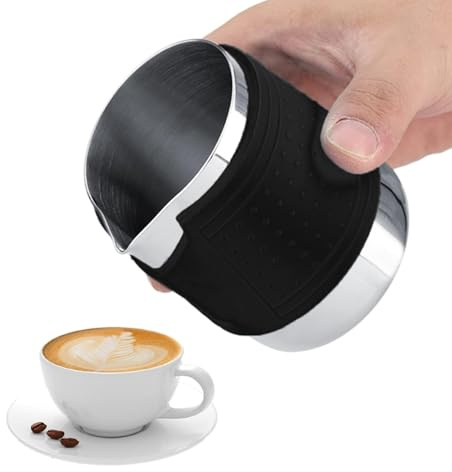 HERCHR Handleless Milk Pitcher, 12OZ/ 350ML Stainless Steel Sharp Spout Milk Jug Frothing Cup Steaming Pitcher Espresso Milk Steamer with Silicone Cup Sleeve for Making Latte Art, Cappuccino, Black