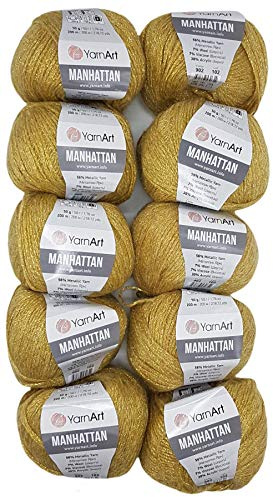 10 x 50g YarnArt Manhattan Viscose - Garn mit Glitzer, 500 Gramm Metallic-Wolle, Effektwolle (gold 902)