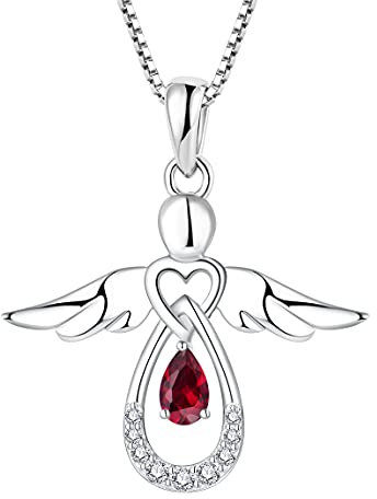 FJ Damen Kette Schutzengel Anhänger Halskette 925 Sterling Silber Engel Kette Rubin Juli Geburtsstein Halskette Schmuck Geschenke für Frauen Mädchen
