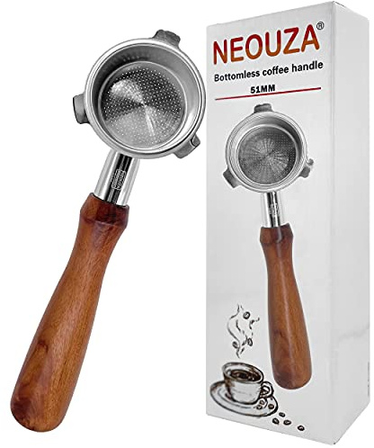NEOUZA 51mm Espresso Bottomless Portafilter Compatible for Delonghi La Specialista EC9155/9335/9355/9665 304 Stainless Steel with Non-Pressurized Filter Basket (Rosewood Handle)