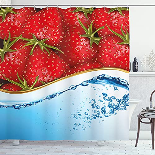 ABAKUHAUS Erdbeere Duschvorhang, Sommer-Frucht und Wasser, Stoffliches Gewebe Badezimmerdekorationsset mit Haken, 175 x 180 cm, Babyblau Dunkle Koralle