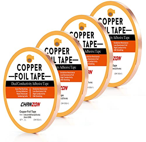 Chanzon Lot de 4 rubans en feuille de cuivre 6mm x 20M Adhésif conducteur double face pour vitrail soudure électrique artisanat réparation circuits papier blindage EMI et RF mise à la terre guitares