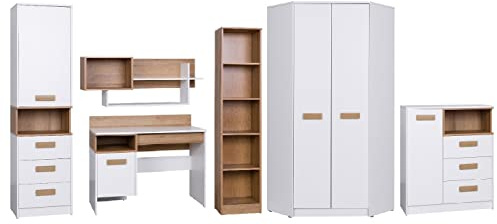 Marmex Kinderzimmer Komplettes Set Grant 8, im Set: Schreibtisch G2, Geschlossener Büchregal G6, Schmales bücherregal G7, Wandregal G3,Eckgarderobe G8, Kommode mit Schubladen G4 - Weiß + Riviera Eiche