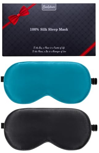 BeeVines Sovmask, 2-pack 100% äkta, Naturligt, rent silkesögonmask för sömn, viktad ögonmask med justerbart band, ögonbindel för sömn, blockerar ljus, skugga för ögonen (05 Svart & Påfågelblå)