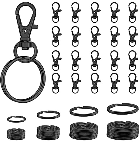 Heyu-Lotus 40 Stück Schwarz Karabiner Schlüsselringe Set | Schwenkbarer Karabinerhaken, 20 Haken + 20 Ringe im Set, mehrere Ringdurchmesser für DIY Anhänger und Geschenke