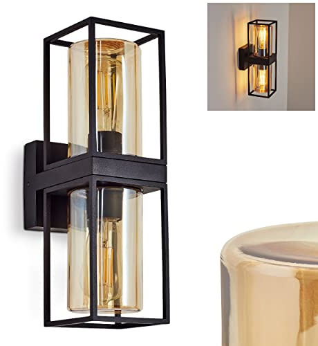 HOFSTEIN Außenwandleuchte Palanga, Außenwandlampe aus Metall/Glas in Schwarz/Bernstein, Wechselglas Klar, Wandleuchte Up im Industrial-Stil mit Lichteffekt, 2 x E27, IP44, Eingangsbereich, Haustür