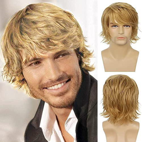 Beweig Herren Perücke Blond Kurz Haare Layered Wave Perücken mit Pony Synthetische Cosplay Perücke Kostümparty Halloween Party