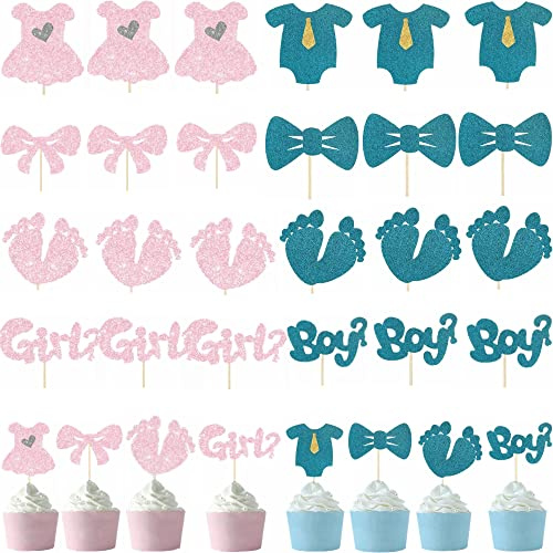 Kiwochy Junge oder Mädchen Cupcake Topper Glitzer Kuchen Topper Dekorationen Baby Shower Photo Booth Junge/Mädchen mit 8 Formen Baby Shower Props Party Zubehör for Baby Gender Reveal Party 24 Stück