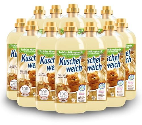 Kuschelweich Weichspüler 12 x 1 l, Glücksmoment, kuschlig-weich | für je 38 Wäschen, hautverträglich, mikroplastikfrei, Natürliches Frischegefühl, Hautneutral, dermatologisch bestätigt