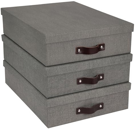 Bigso Box of Sweden Oskar Briefkasten aus Segeltuch aus Faserplatte, Aktenordner für wichtige Papiere, Dokumentenaufbewahrung mit Deckel und Griff, 8,4 x 25,9 x 35,1 cm, Grau, 3 Stück