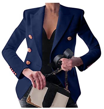 EFOFEI Damen Lässiger Arbeits Blazer Revers Open Front Strickjacke Gold Knopf Jacke Anzug Marineblau XS