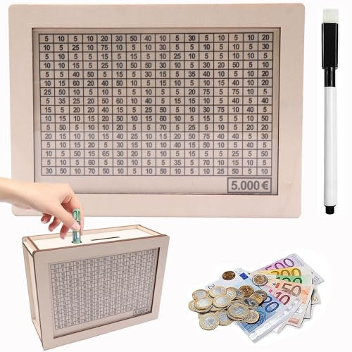 Spardose mit Zähler für 5000 Euro, Abnehmbare Markierung Holz Sparbox - Wiederverwendbare Geldkassette mit Ziel Ankreuzen
