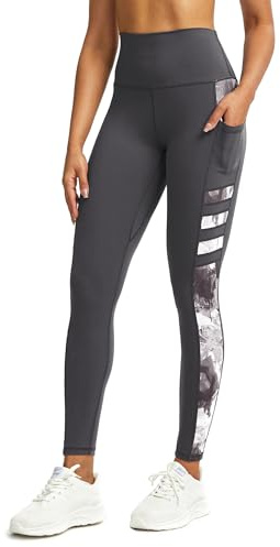 Tuspryt Legging de sport pour femme avec poches, opaque, taille haute, Gris/imprimé, S