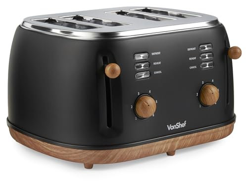 VonShef 4 Slice Toaster - Nordic Matte Black Design, 6 Browning Settings, Wide Slots, Defrost, Reheat and Cancel Functions, Removable Crumb Tray, High Lift Lever & Cord Storage - Fika Range