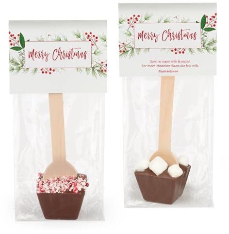 12 Pcs Christmas Hot Chocolate Spoons Gourmet Milk Chocolate Favors with Mini Marshmallows (12 Pack) - Merry Christmas Holiday Party Favors & Gifts