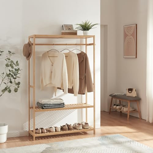 [en.casa] Klädställ Herøy klädställ av bambu hallgarderob med två hyllor och krokar klädhylla med klädstång öppen garderob 165 x 100 x 35 cm natur