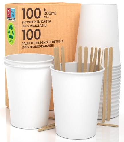 Juego de 100 vasos de papel de 200 ml con paleta desechable bebidas frías y calientes, té con infusión de agua ecológica, biodegradables tazas desechables coloridas + 100 paletas de 11 cm de madera