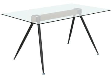 fanmuebles Mesa De Comedor Oviedo De Cristal Templado 140x90 | Mesa De Salón Moderna con Patas Metálicas Negras Y Travesaño Efecto Madera | Mesa Comedor Cristal para Salón O Cocina
