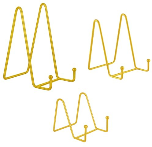 Huakaile 3 Stück Tellerständer für Display 3/4,5/6 Zoll, Metall-Bilderrahmen-Halter, kleine Staffelei, dekorative Tellerhalter zum Präsentieren von Fototafeln, Kunstplatten, Buch (Gold)