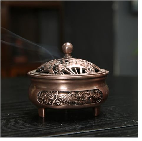 Räuchergefäß Vintage Messing Lotus Räuchergefäß Metall Buddhismus Buddha Halter aushöhlen Kupfer dreibeiniges Sandelholz Räuchergefäß Heimdekoration Weihrauchbrenner/Räucherstäbchenhalter(1)