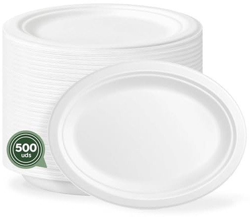 MAXI PRODUCTS - 500 Platos de Caña de Azúcar Desechable - 26 x 19 cm - Plato Vajilla - Plato Caña Azúcar Desechable - Platos para Catering, Eventos y Celebraciones - APTO ALIMENTARIO