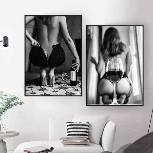 Schwarze und weiße Frauen mit Weinglas, Poster und Drucke, sexy Mädchen, Wandkunst, nackter Körper, Bild für Schlafzimmer, Heimdekoration, Cuadros, 20 x 30 cm (8 x 12 Zoll), 2 Stück, rahmenlos