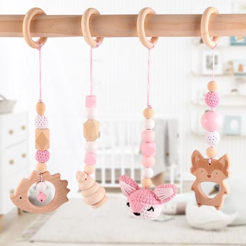 Gohytal Baby Gym Anhänger 4 Stück, Anhänger Spielbogen, Spielbogen Anhänger Holz, Spielbogen Spielzeug ab 0 Monate Spielebogen Babies Toys Spielbögen Babyspielzeug für Mädchen Jungen Baby