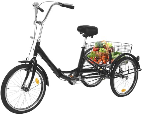 Fridgestea 20 Zoll Dreirad für Erwachsene, 3 Räder Fahrrad Klappbar, Trike faltbar, Erwachsenendreirad mit Einkaufskorb, Rückenlehne für Jungen Mädchen Damen Herren Senioren (Schwarz)