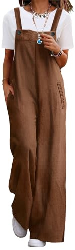 YESNO Women's Casual Corduroy Overalls Adjustable Straps Baggy Pants Wide Leg Jumpsuits with Pockets L PC2UK Brown