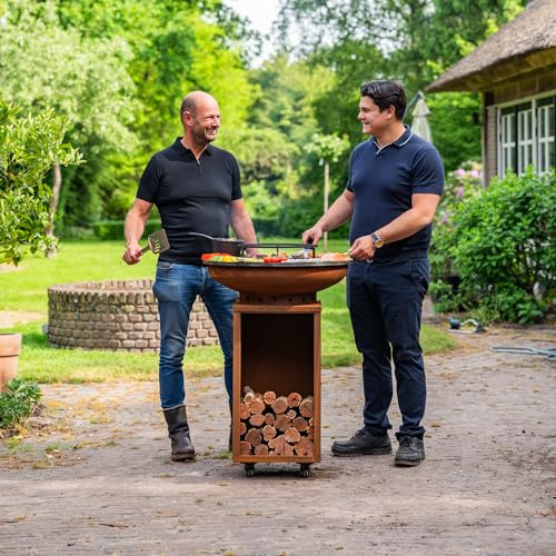 Barbecue Plancha Camarada in acciaio Corten 2.0, con attizzatoio in legno e contenitore in legno, diametro: 70 cm