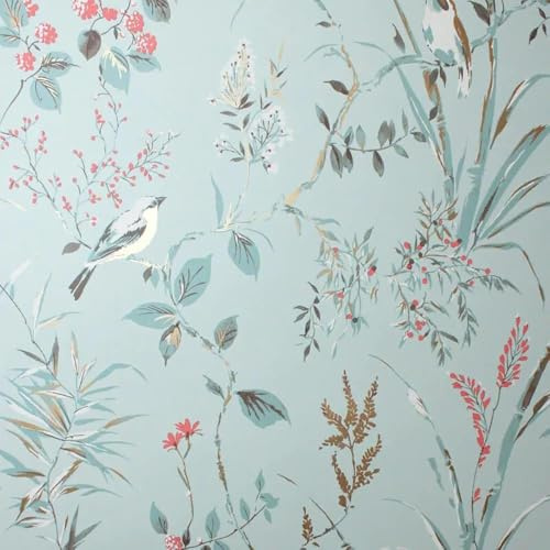 Mariko Papier peint bleu – Fleurs d'oiseaux et feuilles botaniques naturelles – Effet métallique élégant et tendance