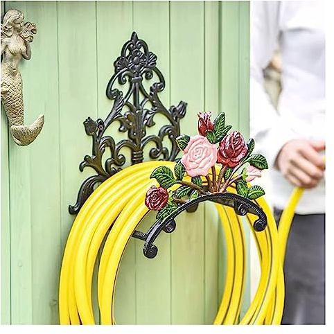 Avvolgitubo per tubo da giardino Supporto for tubo da giardino in ghisa for impieghi gravosi, gancio for tubo dell'acqua fissato al muro, avvolgitubo decorativo for interni ed esterni, stoccaggio del