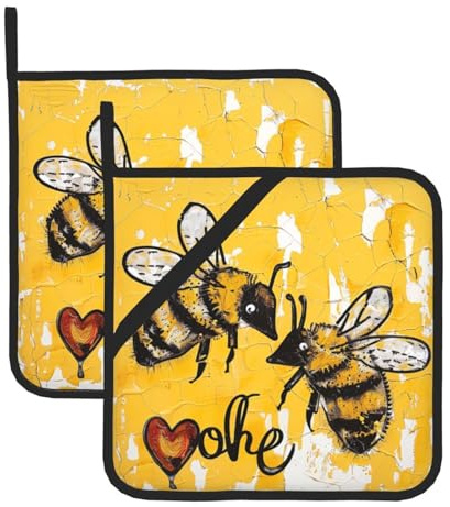 Bee Love Honey Printed Pot Holders Sets Of 2 Pcs - Heat Resistant Waterproof Bbq Oven Potholders for Cooking Baking Grilling