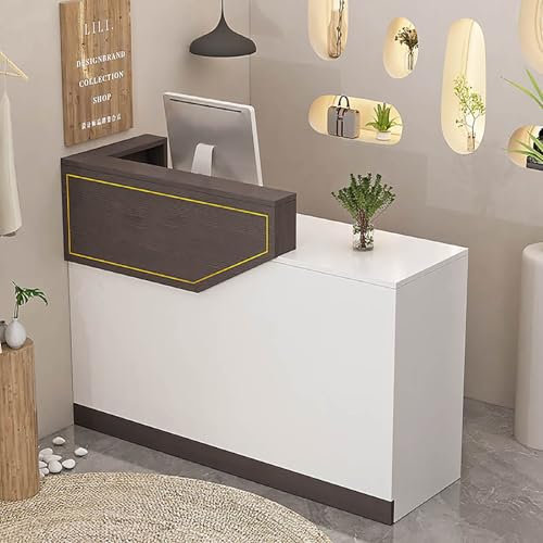 Generisch Moderner Empfangstresen aus Holz mit Kassentheke. Kleiner Büro-Empfangstresen mit Schubladen. Empfangstresen für Büros. Empfangstresen für Unternehmen.