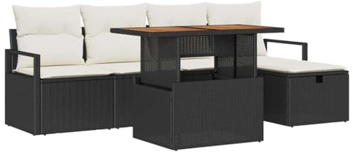 vidaXL Garten-Sofa-Set mit Kissen 6 pcs Schwarz Poly Rattan, Garten und Terrasse, Moderne verstellbare Füße für Möbel, modulares Lounge-Set für Patio und Outdoor-Bereiche