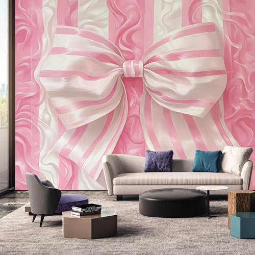 Girls Bow Wallpaper Mural, Pink 3D Effect Wall Mural, Non-woven Print Photo Wallpaper for Bedroom Living Room Decor 150x105 cm UOp91