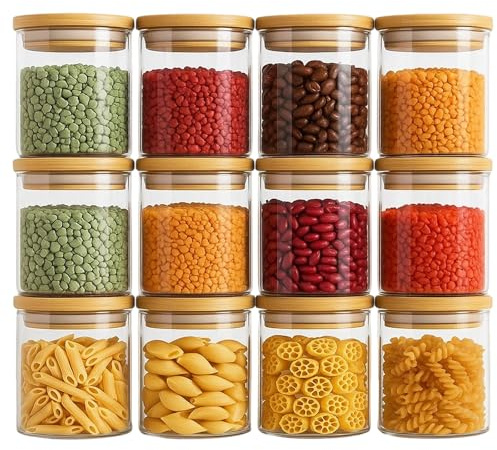 XJYMCOM Spice Jars, 12 Set Glass Jars with Lids, 200ml Spice Organiser with Labels Small Food Cereal Storage Canister Containers for Home Kitchen Tea Herbs Coffee Flour Herbs Grains