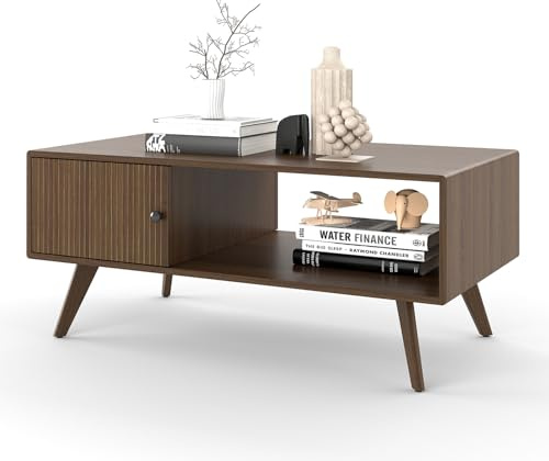 Manora Rustic Coffee Table,Wooden Tea Table, Farmhouse Centre Coffee Table for Living Room,Modern Minimalist Rectangle Table, 2 Grooved Doors and Open Storage Shelf with Wood Legs（Walnut） (Walnut)