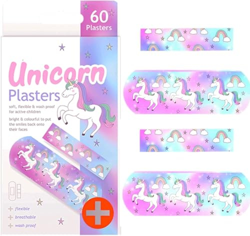 Unicorn Plasters for Kids – 60 Pack Assorted Sizes, Soft Flexible Waterproof Bandages with Colorful Rainbow & Unicorn Designs – Fun Kids Wound Care