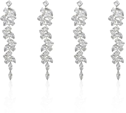 SAIIURV 2 Coppie di Argento Diamante Dangle Orecchini Lunghi per le Donne, Donne Strass Dangle Wedding Bridal Tassel Orecchini con Cristallo Frangia Foglia Design per e Ragazze (Argento)